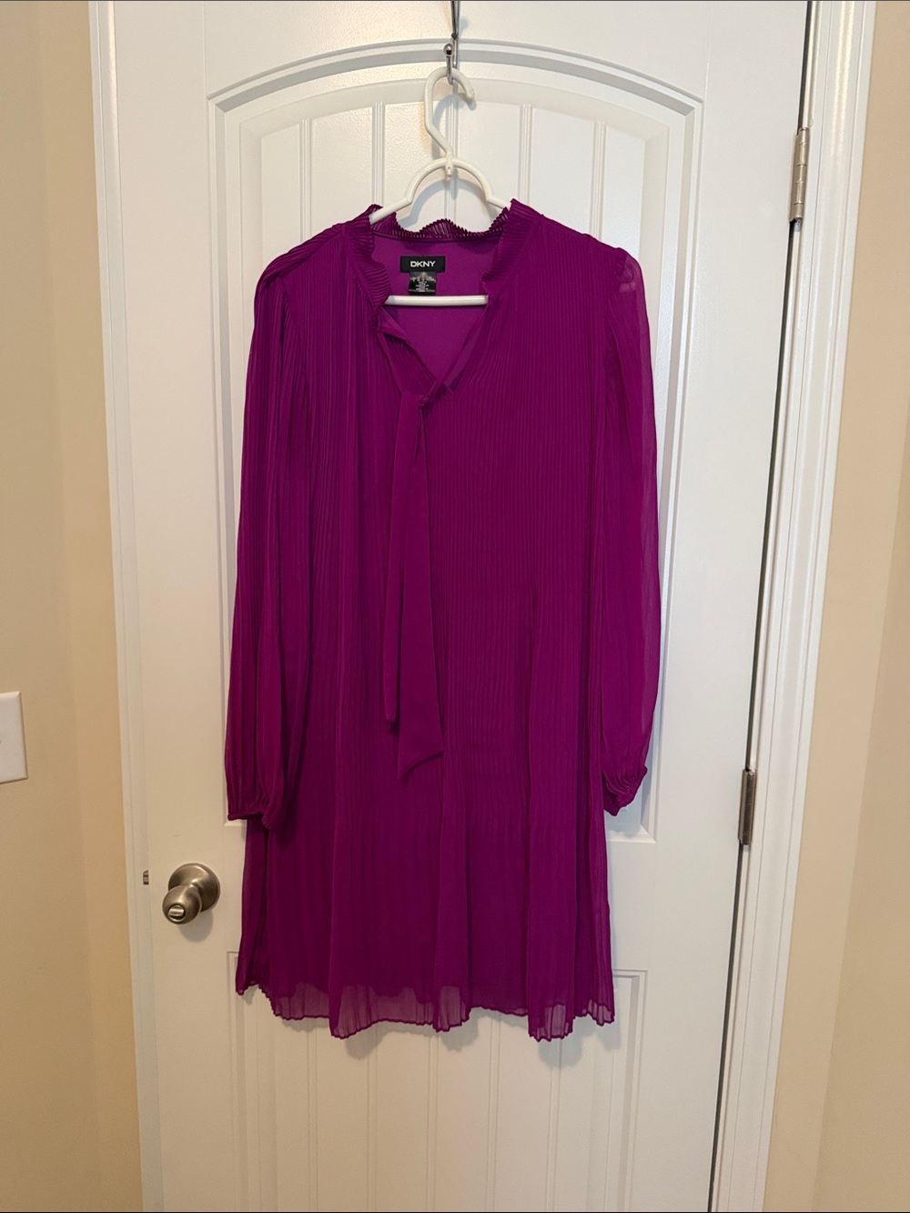 DKNY Fuchsia Pleated Tie-Neck Dress
